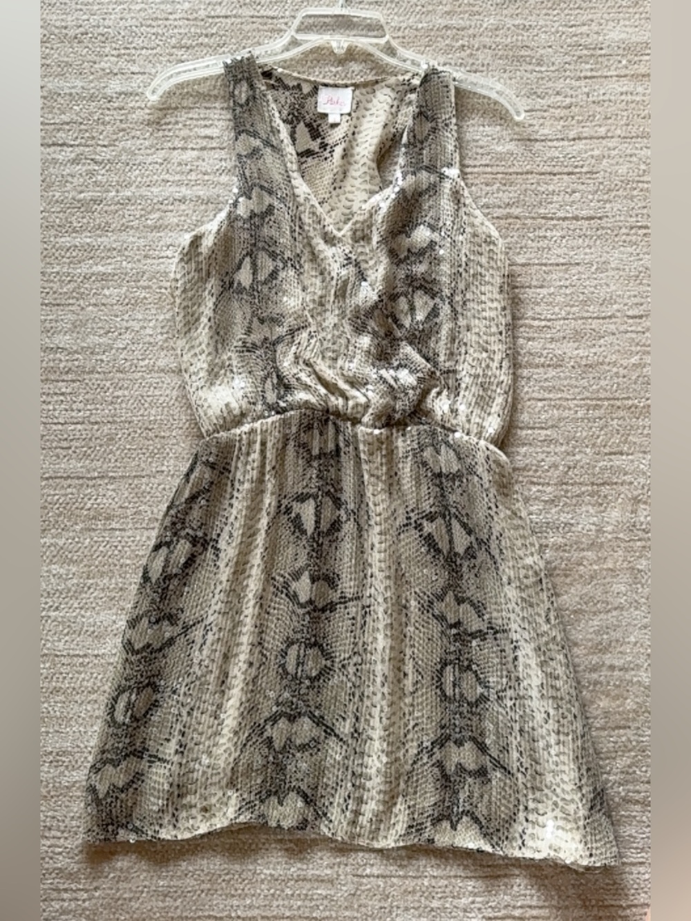 Parker Snake Print, sequence Mini Dress in Beige and Black